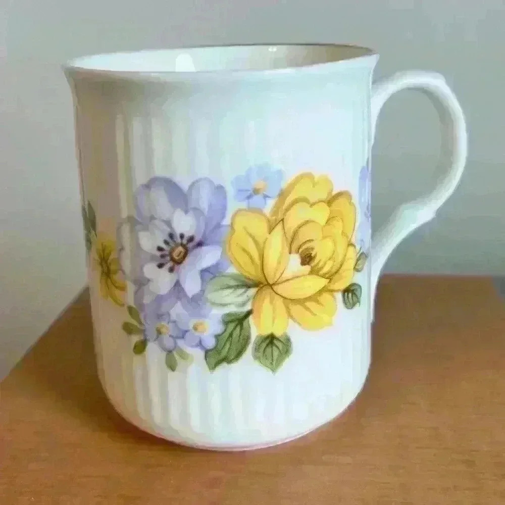 Vintage Sadler Wellington Yellow Purple Floral Bone China Mug Gold Trim England
